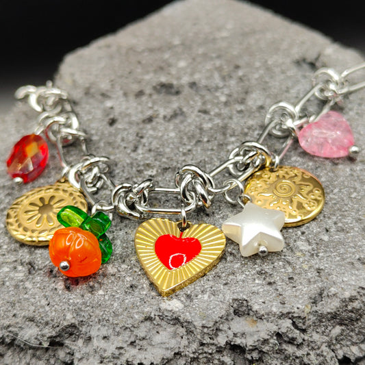 Pulsera de Acero Inoxidable 304, Color Plateado, Dorado, Estilo Elegante, Boutique, Tendencia, Dijes con Forma de Corazón, Fruta, Piedra Artificial, Unisexo, Moda, Dos Tonos