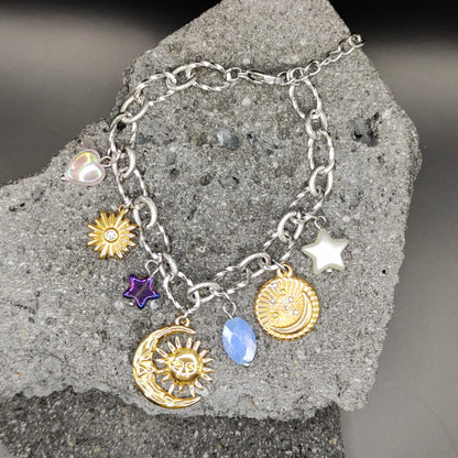 Pulsera de Acero Inoxidable 304, Color Plateado, Dorado, Estilo Elegante, Boutique, Tendencia, Dijes, Luna, Piedra Artificial, Unisexo, Moda, Dos Tonos