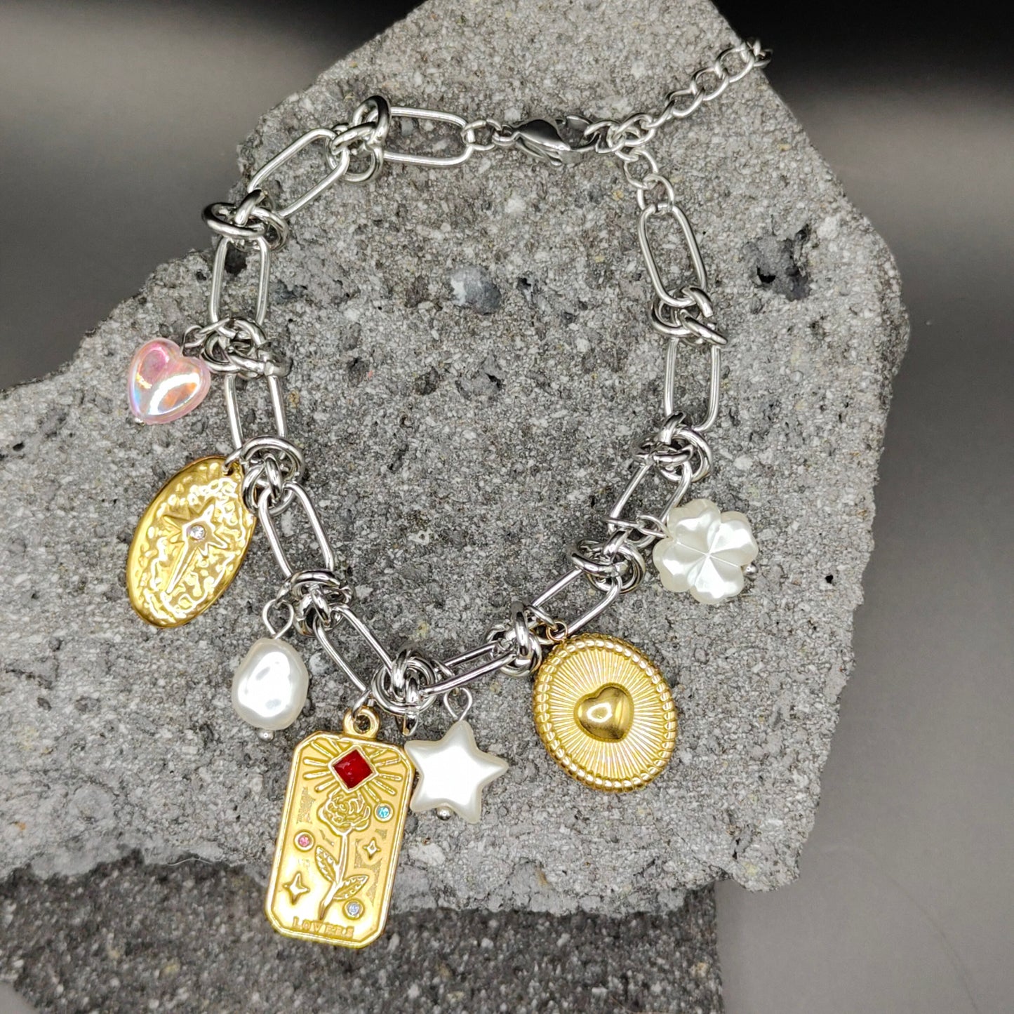Pulsera de Acero Inoxidable 304, Color Plateado, Dorado, Estilo Elegante, Boutique, Tendencia, Dijes, Trébol, Piedra Artificial, Estrella, Unisexo, Moda, Dos Tonos