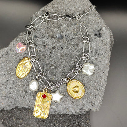 Pulsera de Acero Inoxidable 304, Color Plateado, Dorado, Estilo Elegante, Boutique, Tendencia, Dijes, Trébol, Piedra Artificial, Estrella, Unisexo, Moda, Dos Tonos