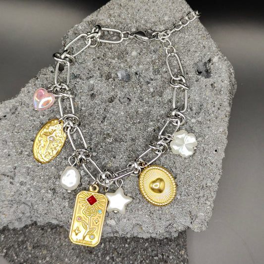 Pulsera de Acero Inoxidable 304, Color Plateado, Dorado, Estilo Elegante, Boutique, Tendencia, Dijes, Trébol, Piedra Artificial, Estrella, Unisexo, Moda, Dos Tonos