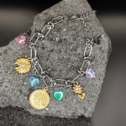 Pulsera de Acero Inoxidable 304, Color Plateado, Dorado, Estilo Elegante, Boutique, Tendencia, Dijes con Forma de Corazón, Piedra Artificial, Árbol, Flor, Unisexo, Moda, Dos Tonos