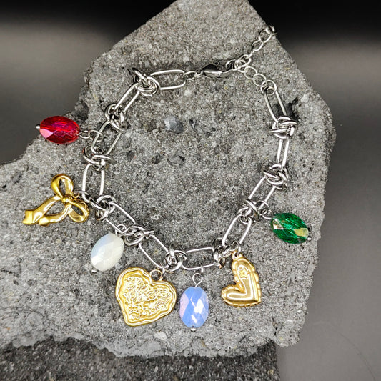 Pulsera de Acero Inoxidable 304, Color Plateado, Dorado, Estilo Elegante, Boutique, Tendencia, Dijes con Forma de Corazón, Moño, Piedra Artificial, Gota, Unisexo, Moda, Dos Tonos