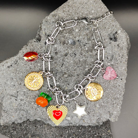 Pulsera de Acero Inoxidable 304, Color Plateado, Dorado, Estilo Elegante, Boutique, Tendencia, Dijes con Forma de Corazón, Fruta, Piedra Artificial, Unisexo, Moda, Dos Tonos