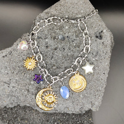 Pulsera de Acero Inoxidable 304, Color Plateado, Dorado, Estilo Elegante, Tendencia, Dijes, Luna, Piedra Artificial, Unisexo