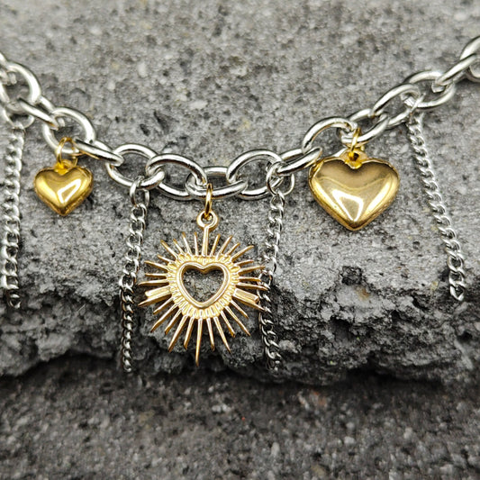 Pulsera de Acero Inoxidable 304, Color Plateado, Dorado, Estilo Moderno, Boutique, Forma de Corazón, Tendencia, Dijes, Titanio, Unisexo, Moda, Dos Tonos