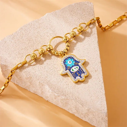 Pulsera de Acero Inoxidable, Boutique, Ojo Turco, Mano, Enchapado, Bisutería Fina, Estilo Vintage, Circón, Multicolor, Esmalte, Unisexo