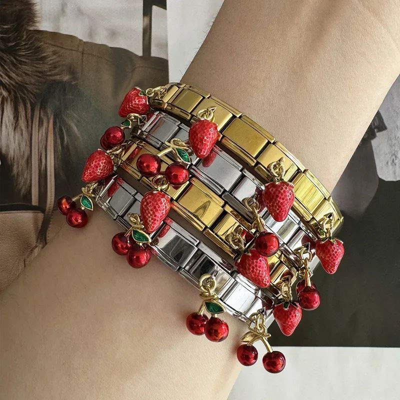 Stainless Steel Bracelet, Boutique, Plating, Fine Jewelry, Italian Style, Cherry, Strawberry, Unisex, Fashion, Fruit Pendant