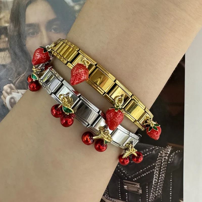 Stainless Steel Bracelet, Boutique, Plating, Fine Jewelry, Italian Style, Cherry, Strawberry, Unisex, Fashion, Fruit Pendant