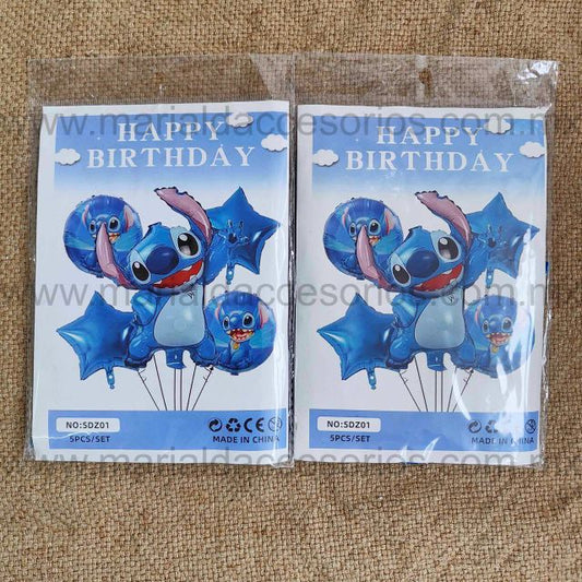 Set de Globos 5 Piezas, Temática Stich, Feliz Cumpleaños, Fiesta, Artículos para Fiesta, Estrellas, Decoración