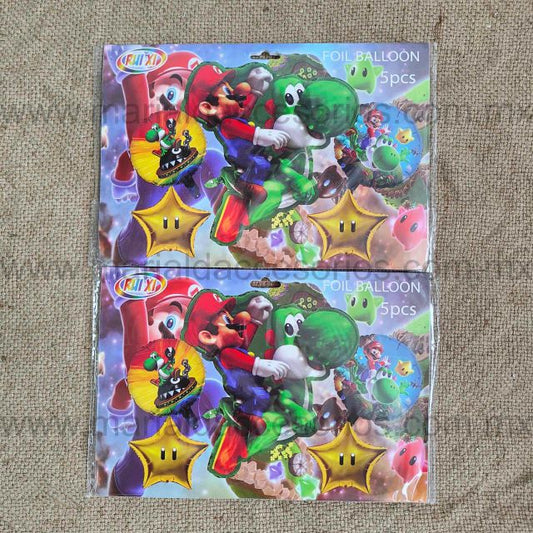 Set de Globos 5 Piezas, Temática Mario, Fiesta, Artículos para Fiesta, Estrellas, Decoración